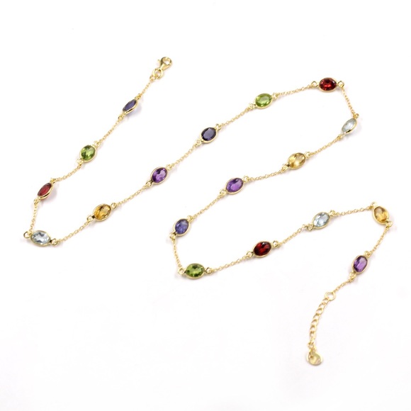 Jewelry - Genuine Gemstones Station Necklace Gold Plate 925 Sterling Silver